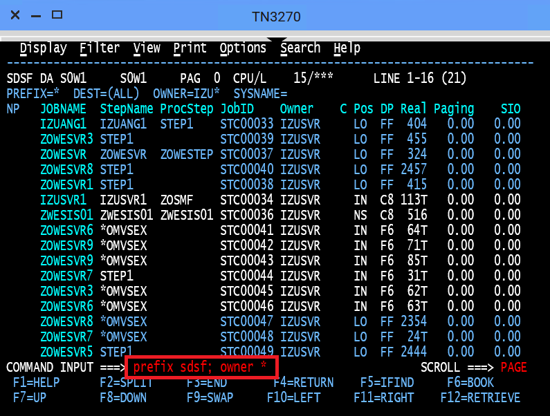 Screen capture that shows how to enter the PREFIX SDSF command in the panel